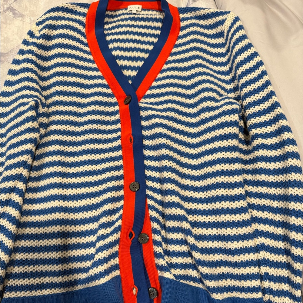 KULE Breton Stripe Cardigan – Blue Cream Nautical Sweater – Size S